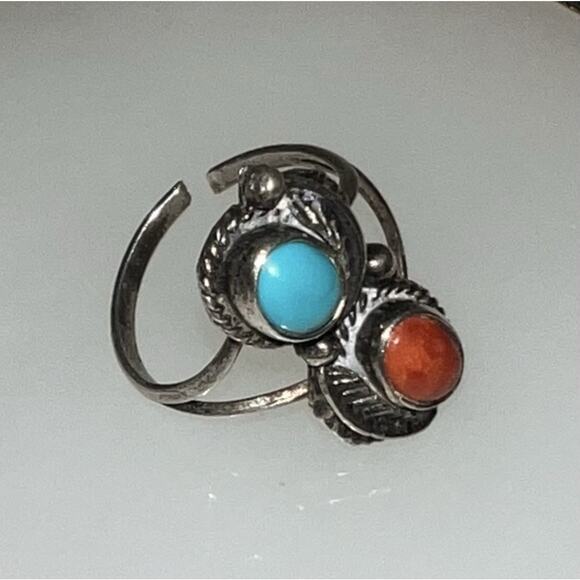 VTG 925 Sterling Silver Turquoise Coral Ring Southwest Navajo Style Leaf READ - Picture 2 of 5
